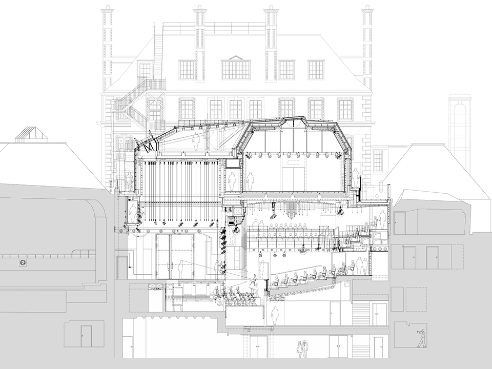 A black-and-white illustration of the side view of Royal Academy of Music located in London, UK. The drawing depicts a view from the side of the academy. The drawing contains people and activity inside the building. The drawing shows the building as multi-tiered. Building is made by Nordic Copper and Aurubis.