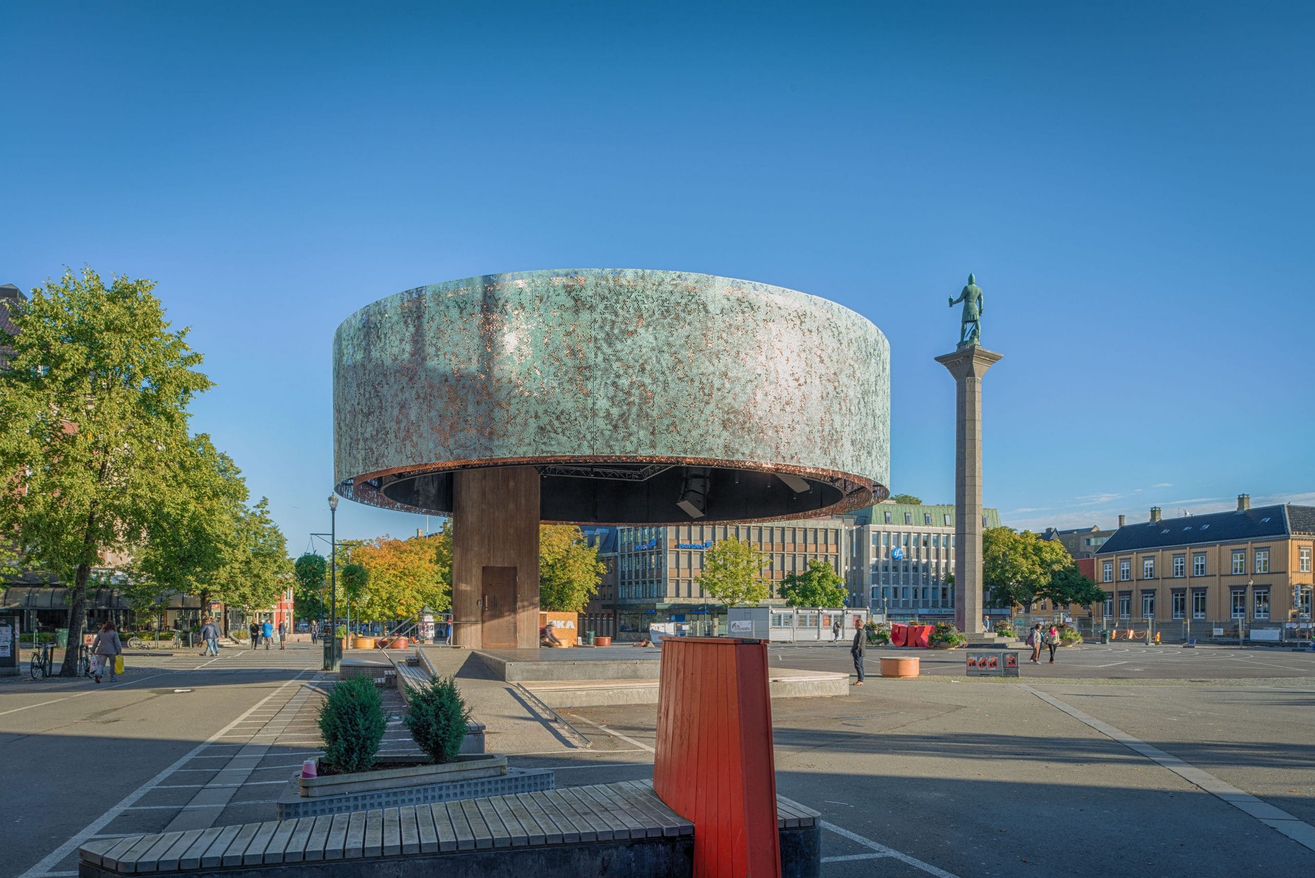 Communal Stage located in Trondheim, Norway. The circular walls are clad from Nordig Green copper.