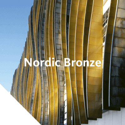 Nordic Bronze is an alloy of copper and tin. When exposed to the atmosphere, the surface gradu­ally changes to a stable, dark chocolate brown or even to a black shade.